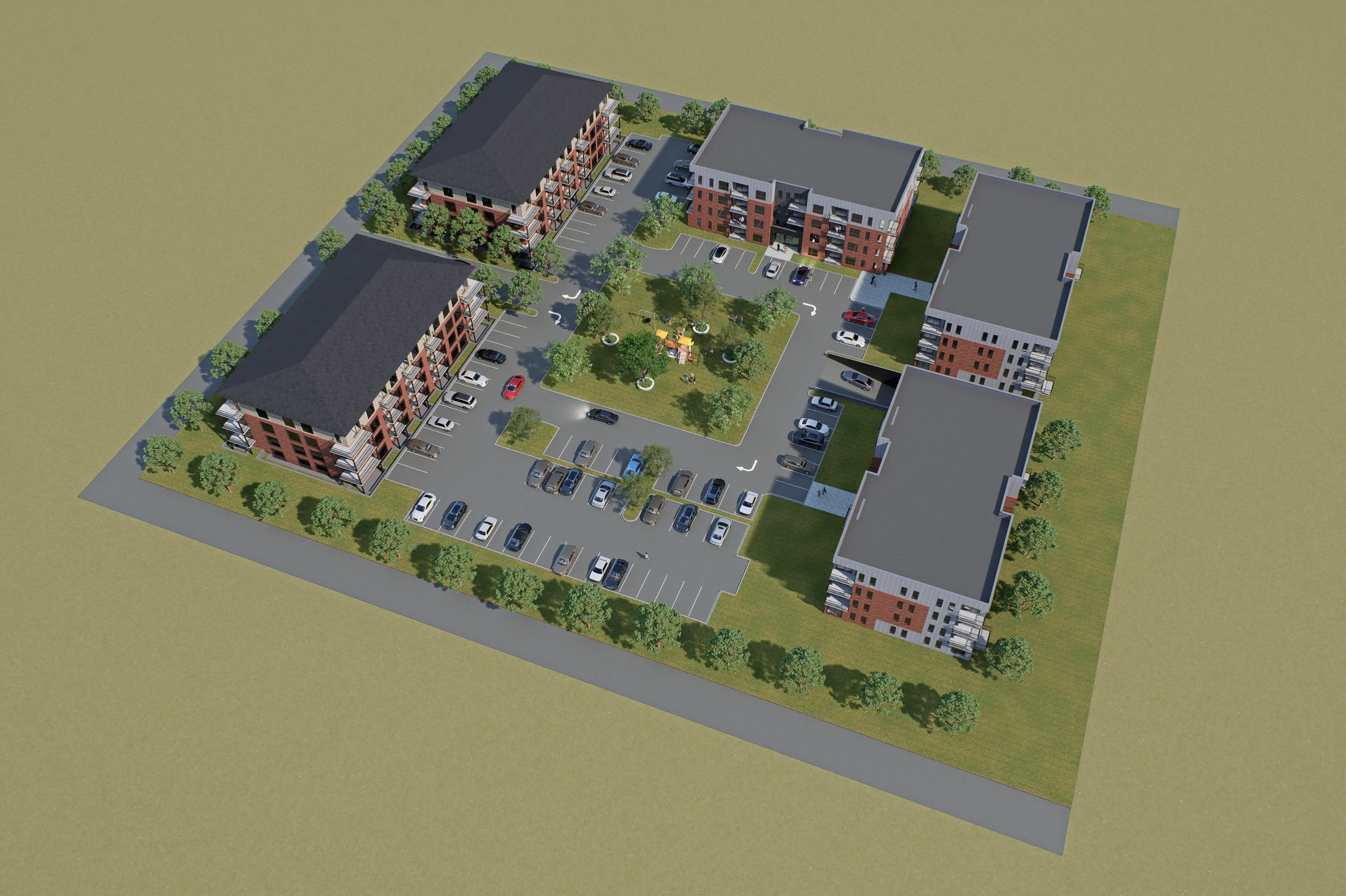 Rendu 3D aérien de l'ensemble : immeubles, stationnements et cour centrale