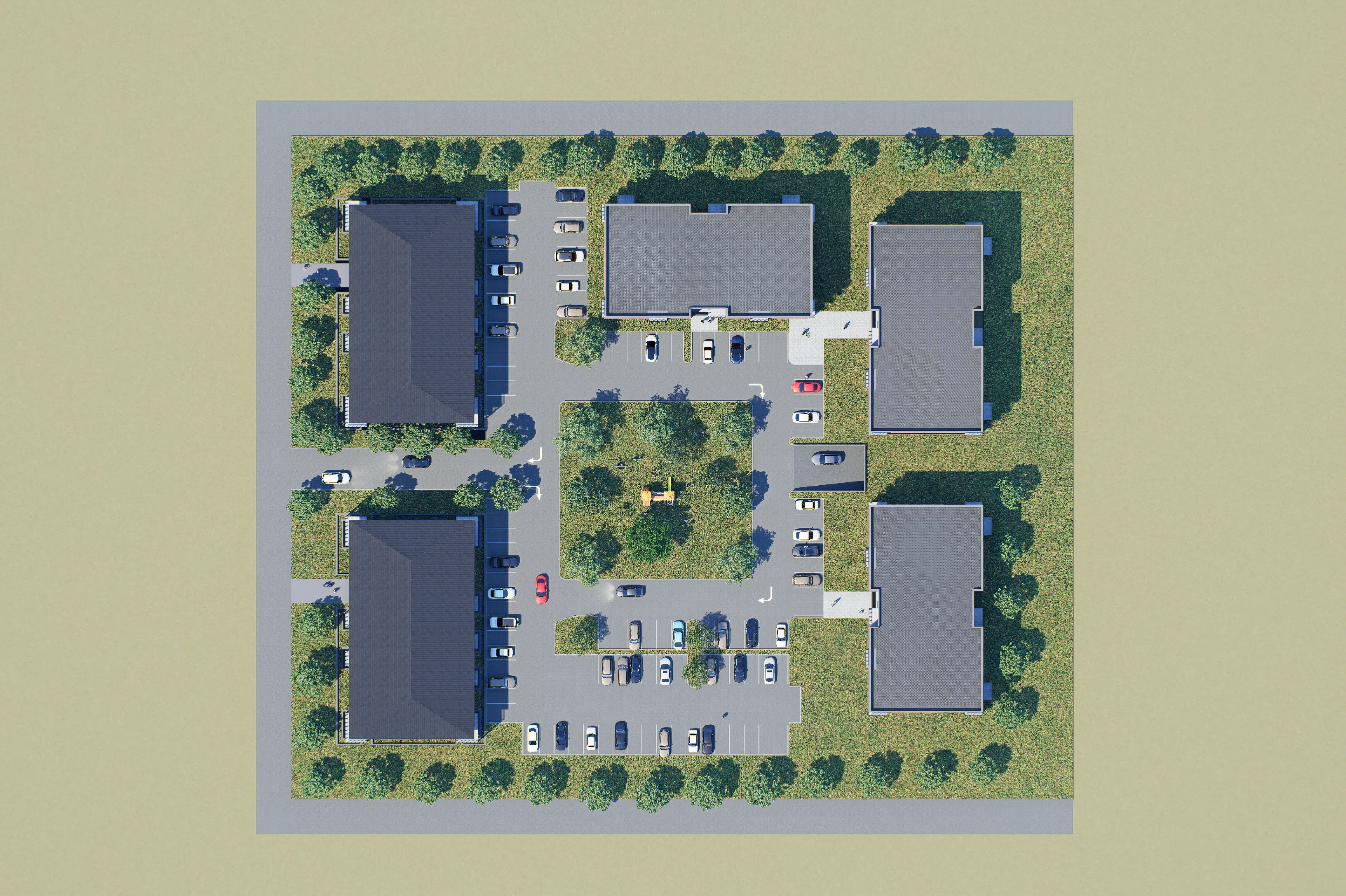 Plan d'implantation en 3D vu du dessus : bâtiments, stationnements et espace vert central