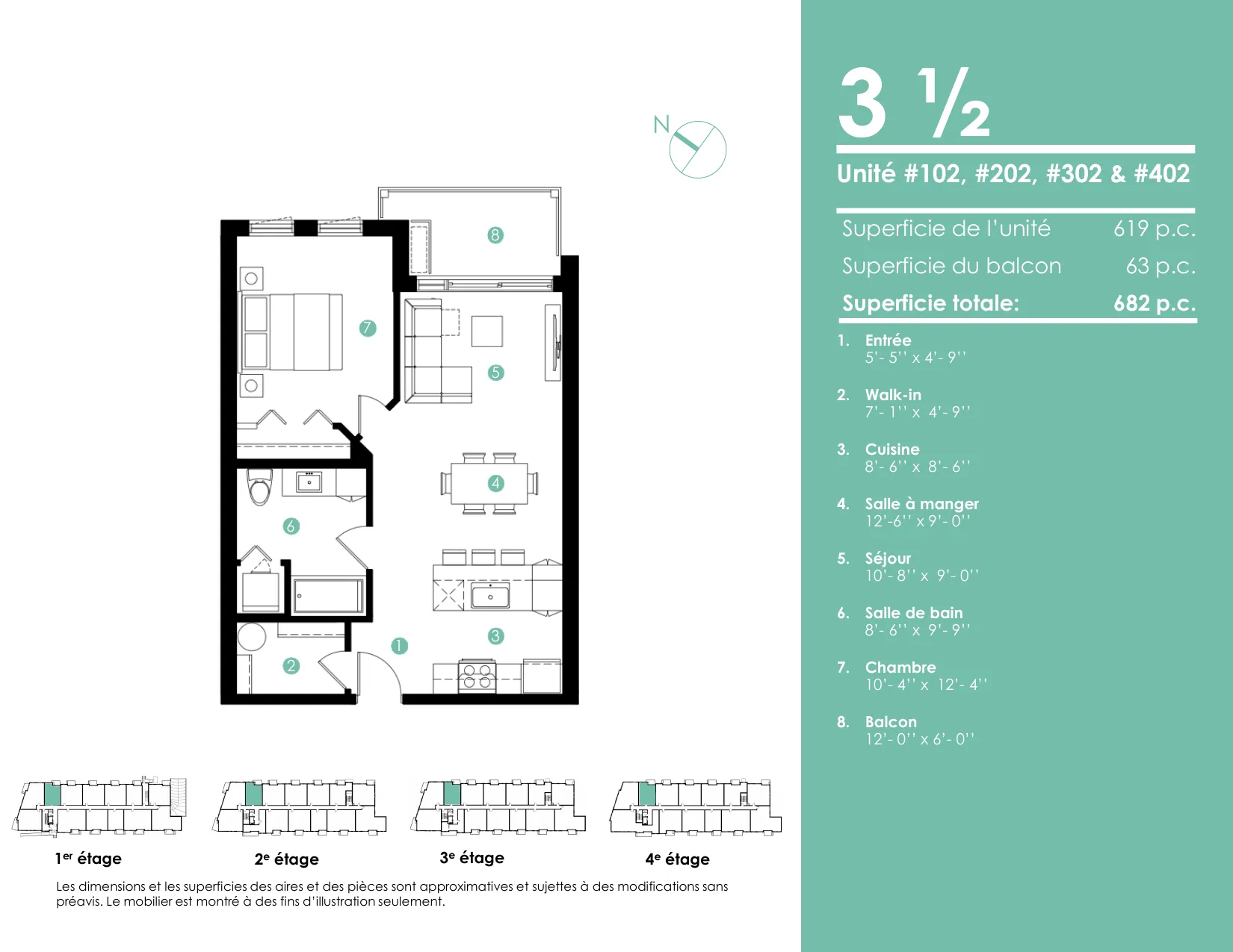 Plan 3 ½ — 682 pi² — Unités 102, 202, 302, 402