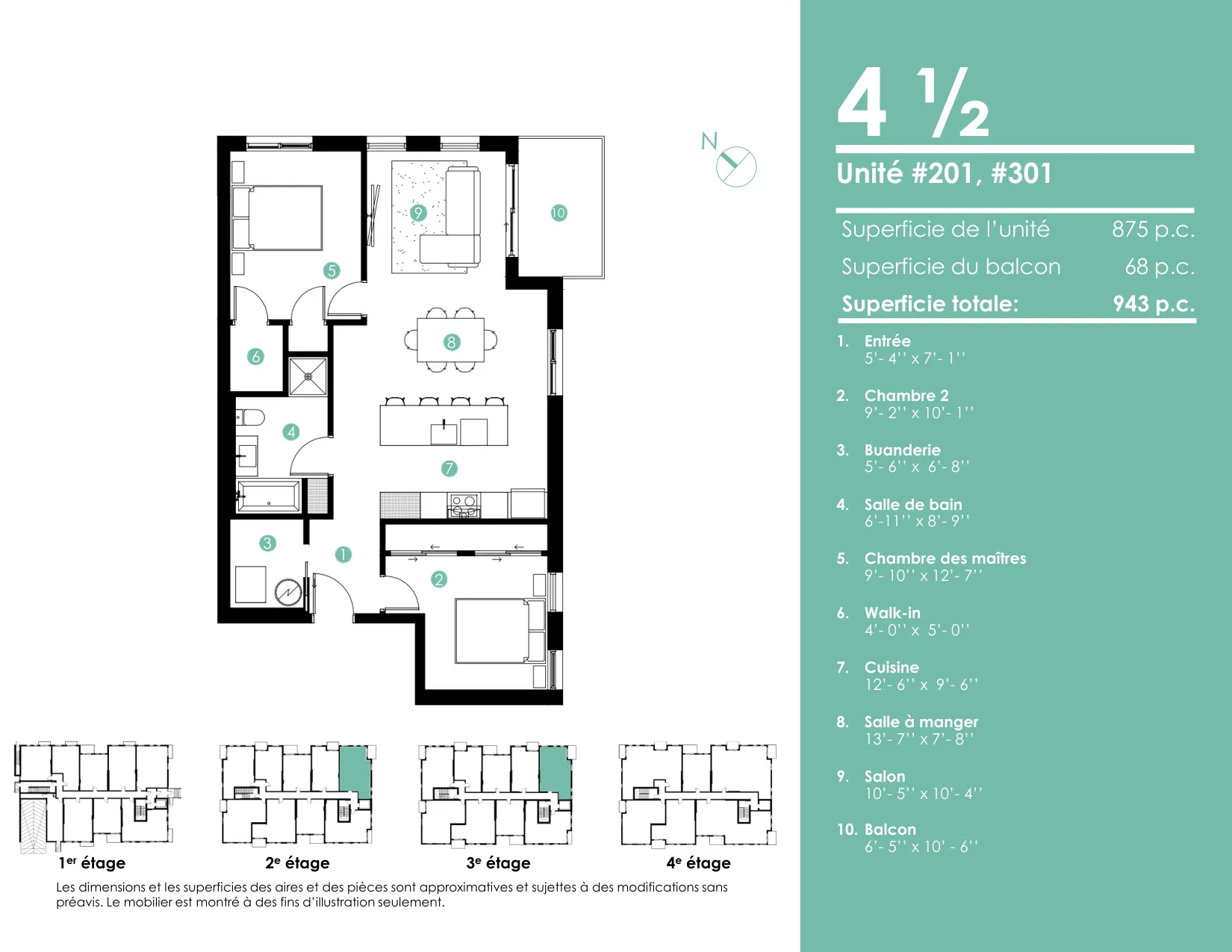 Plan 4 ½ — 943 pi² — Unités 201, 301