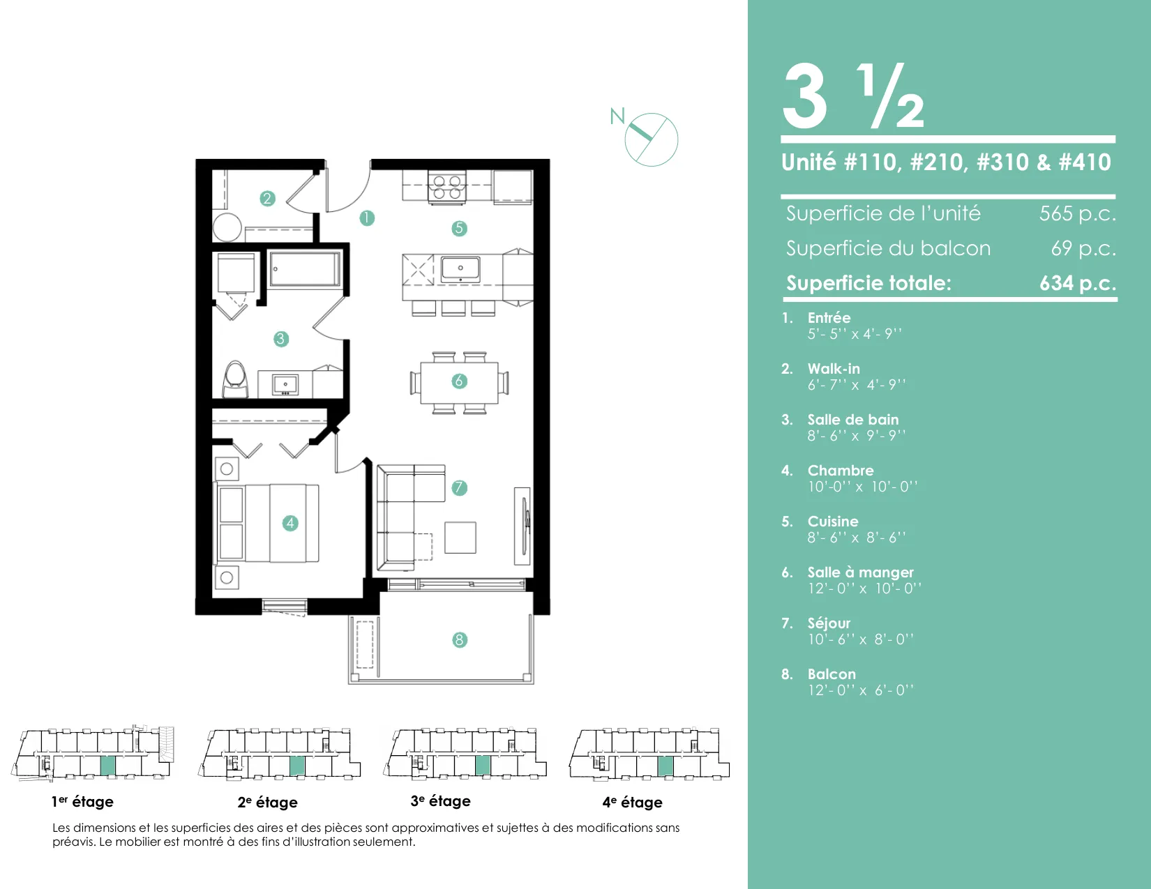 Plan 3 ½ — 634 pi² — Unités 110, 210, 310, 410