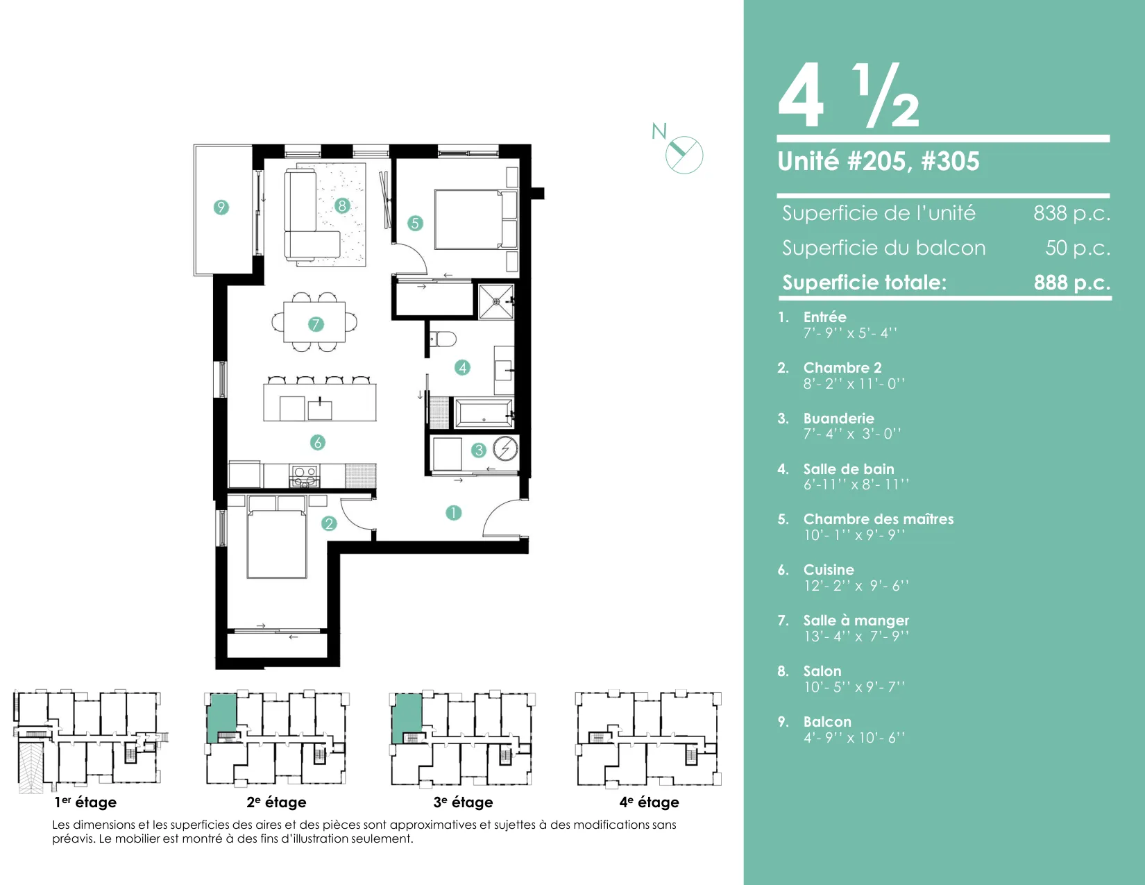Plan 4 ½ — 888 pi² — Unités 205, 305