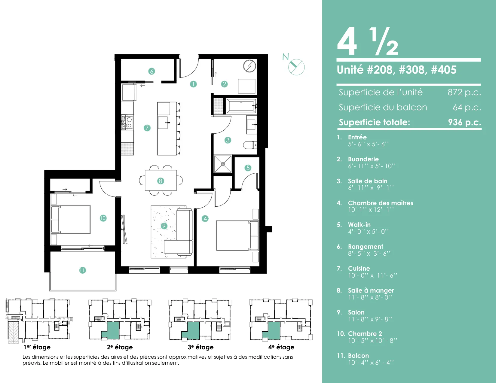 Plan 4 ½ — 936 pi² — Unités 208, 308, 405