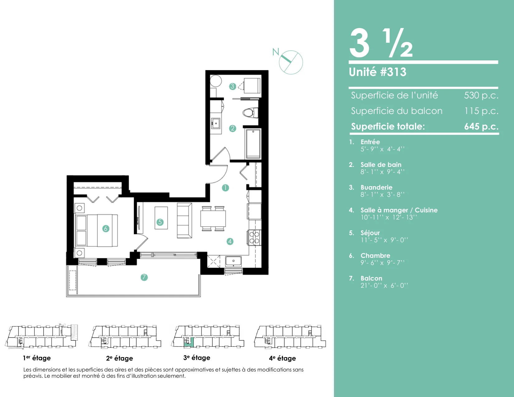 Plan 3 ½ — 645 pi² — Unités 313