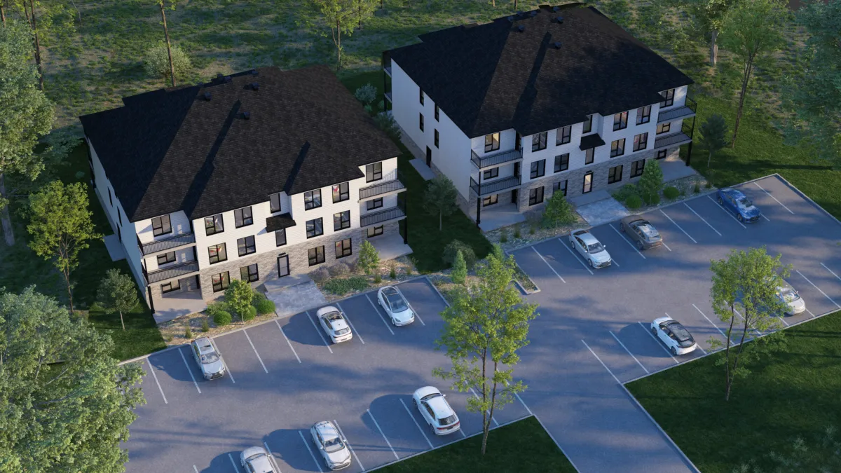 Top-down 3D rendering: the building's placement on the site