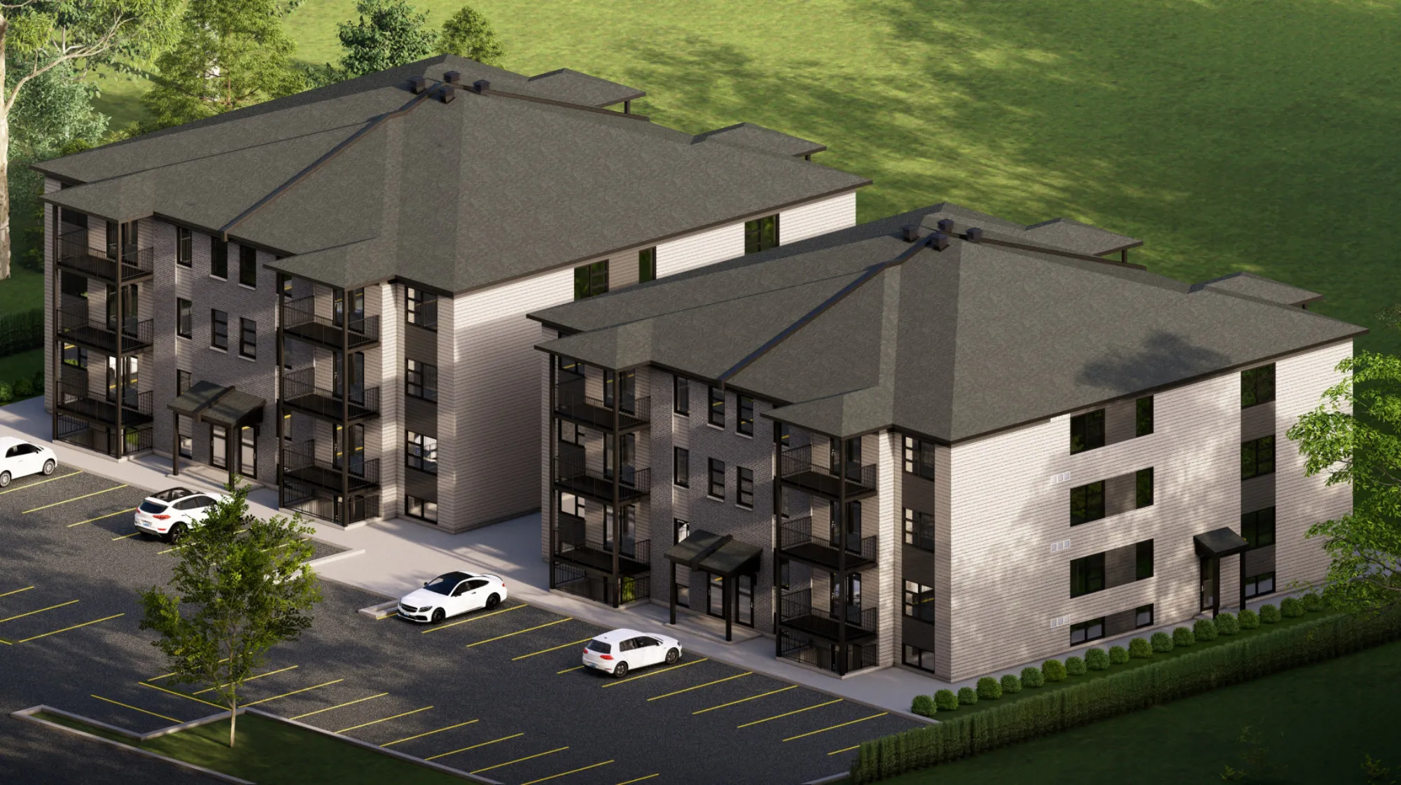 Bird's-eye 3D rendering: the building, its parking areas and the river